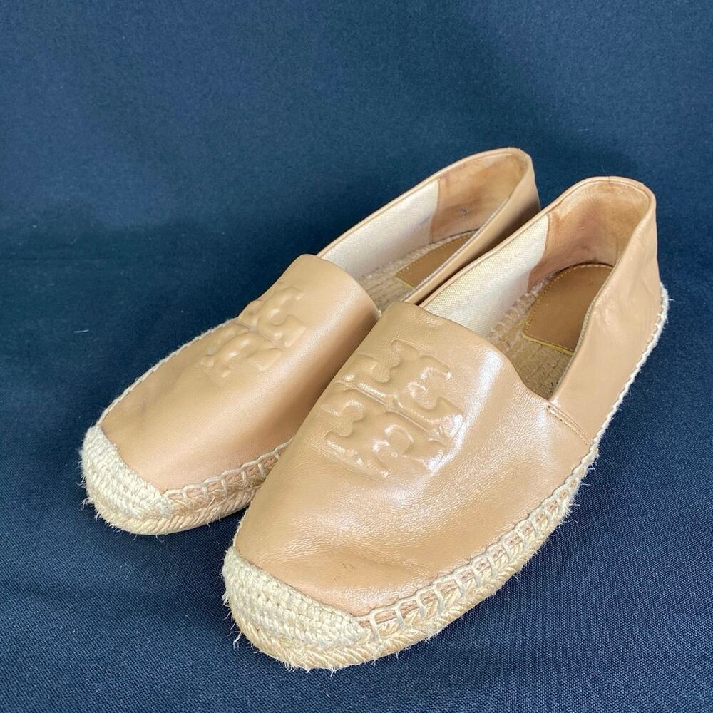 TORY BURCH EVERLY Leather Logo Espadrille Flats Camel Beige Size 7.5